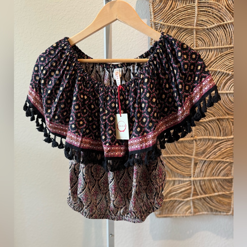 RAGA NWT Boho off shoulder top with tassels